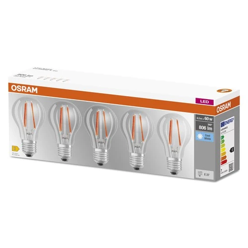 OSRAM LED BASE CLASSIC A Lampe klar (ex 60W) 6,5W / 4000K Kaltweiß E27 5er – Bild 2