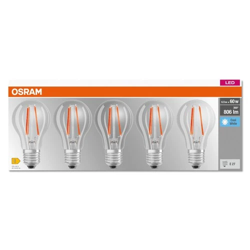 OSRAM LED BASE CLASSIC A Lampe klar (ex 60W) 6,5W / 4000K Kaltweiß E27 5er – Bild 4