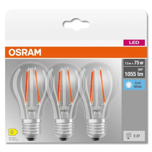OSRAM LED BASE CLASSIC A Lampe klar (ex 75W) 7,5W / 4000K Kaltweiß E27, 3er Pack – Bild 4
