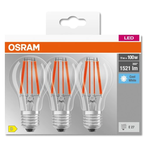 OSRAM LED BASE CLASSIC A Lampe klar (ex 100W) 11W / 4000K Kaltweiß E27 3er Pack – Bild 4