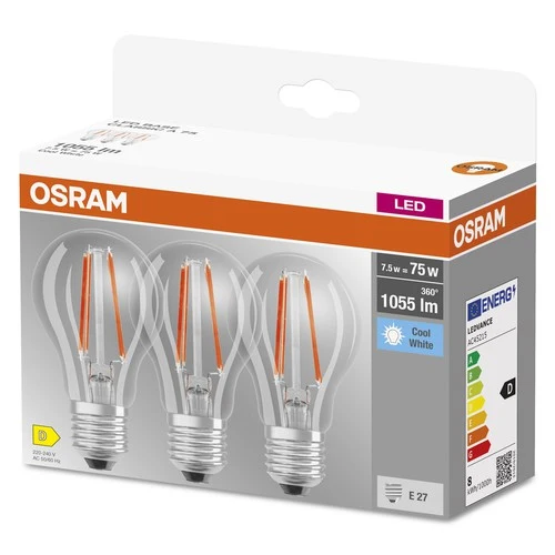 OSRAM LED BASE CLASSIC A Lampe klar (ex 75W) 7,5W / 4000K Kaltweiß E27, 3er Pack – Bild 2