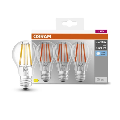 OSRAM LED BASE CLASSIC A Lampe klar (ex 100W) 11W / 4000K Kaltweiß E27 3er Pack – Bild 2
