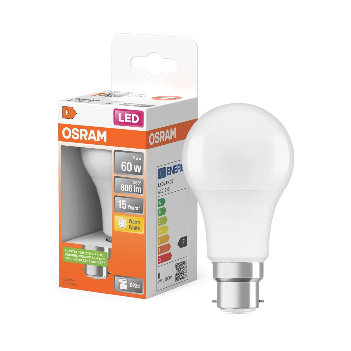 OSRAM LED LAMP WITH CLASSIC A in A-Form, LED-Lampe, Matt, 8 W, (ex 60 W), 806 lm, Warmweiß, 2700 K, 15000 h, CRI 80 – Bild 2