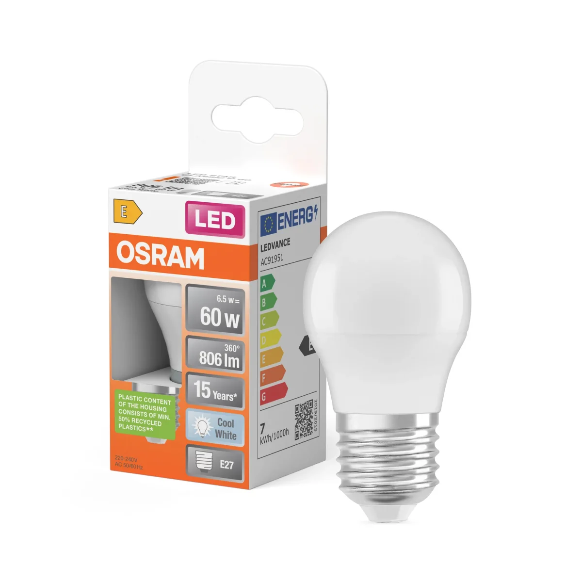 OSRAM LED PCR LAMP WITH CLASSIC P in P-Form, LED-Lampe, Matt, 7,5 W, (ex 60 W), 806 lm, Kaltweiß, 4000 K, 15000 h, CRI 80 – Bild 2
