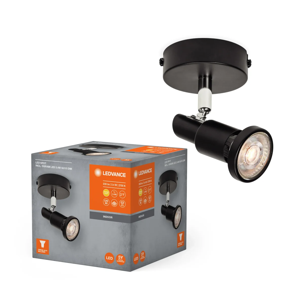 LEDVANCE LED SPOT GU10 1 x 3,4W, 230lm, schwarz, 2. 700K Farbtemperatur, warmweiße Lichtfarbe, zeitloses Design, austauschbare LED-Lampe, ideal für Innenräume, CRI 90, verstellbare Köpfe – Bild 2