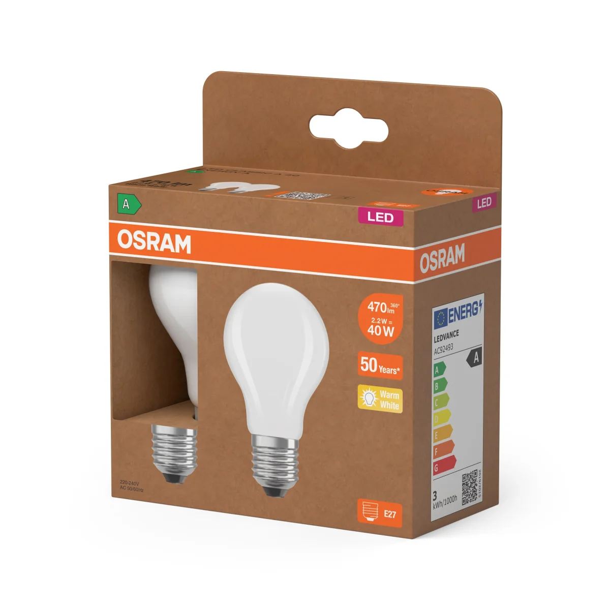 OSRAM LED LAMPS ENERGY CLASS A ENERGY EFFICIENCY FILAMENT CLASSIC A in A-Form, LED-Lampe, Bleifreies Glas, Matt, 2,2 W, 470 lm, Warmweiß, Energieeffizienzklasse: A, 2er – Bild 4