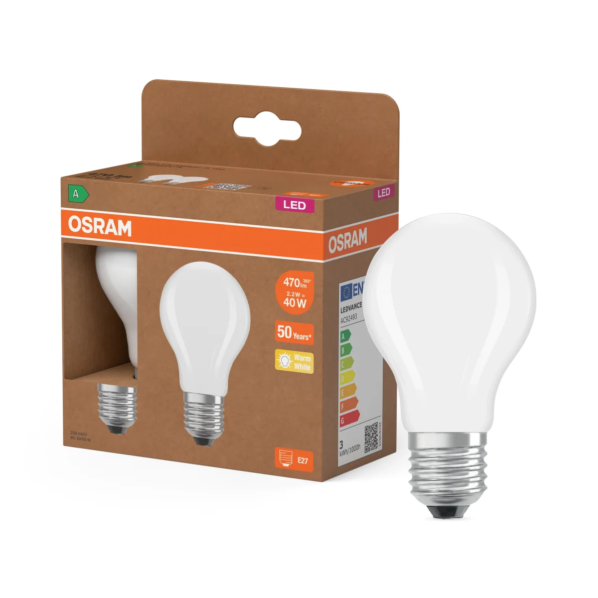 OSRAM LED LAMPS ENERGY CLASS A ENERGY EFFICIENCY FILAMENT CLASSIC A in A-Form, LED-Lampe, Bleifreies Glas, Matt, 2,2 W, 470 lm, Warmweiß, Energieeffizienzklasse: A, 2er – Bild 2
