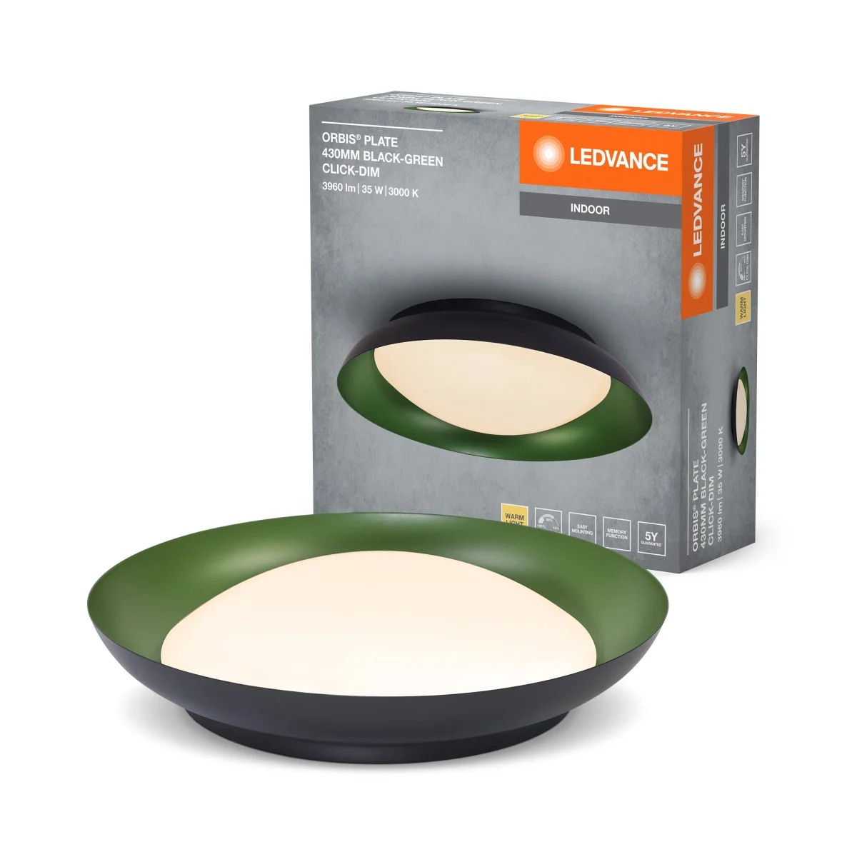 LEDVANCE Orbis Plate LED-Deckenleuchte, schwarz-, 35W, 1700lm, 3000K, 430mm, 830 freundliches Warmweiß, durch Kicken in 3-Stufen dimmbar, IP20 Schutz, Montageschrauben und Dübel inklusive – Bild 2
