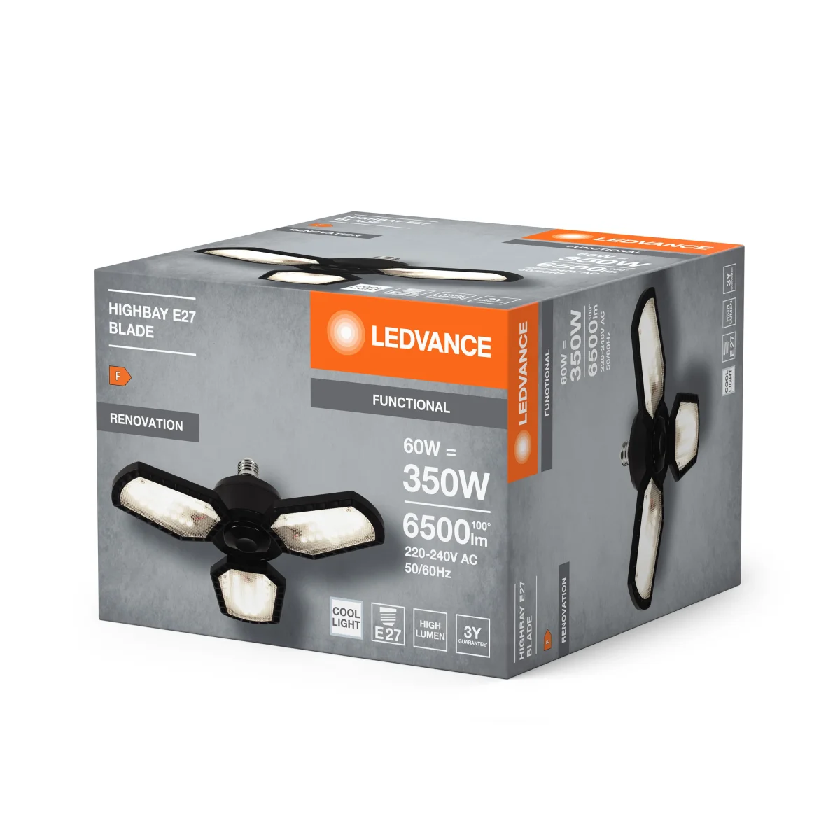 LEDVANCE Highbay Blade Deckenlampe in Schwarz, Aluminium, mit verstellbaren Lichtflügeln, bietet 60 W bzw. 6500 lm in Neutralweiß mit 4000 K, E27 Schraubgewinde, 337. 5 mm Durchmesser, IP20 – Bild 4
