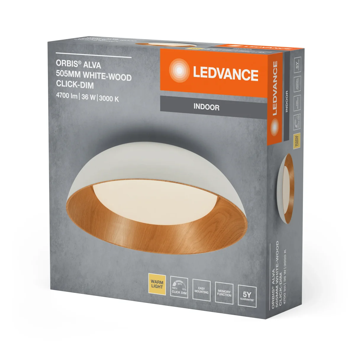 LEDVANCE ORBIS Alva LED-Deckenleuchte, weiß mit Holzdekor, 36W, 1600lm, 3000K, 830 freundliches Warmweiß, durch Klicken in 3-Stufen dimmbar, IP20 Schutz, Montageschrauben und Dübel inklusive – Bild 4