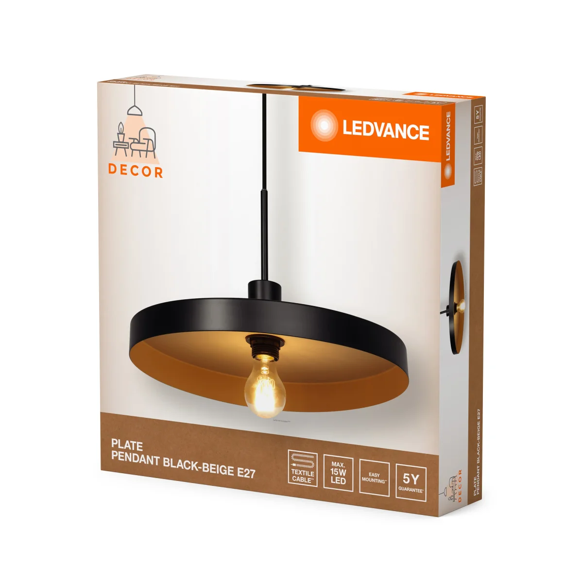 LEDVANCE Decor Plate dekorative Hängelampe mit tellerförmigem Lampenschirm, 400mm, mit E27 Fassung, IP20, Metall, schwarz/beige – Bild 5