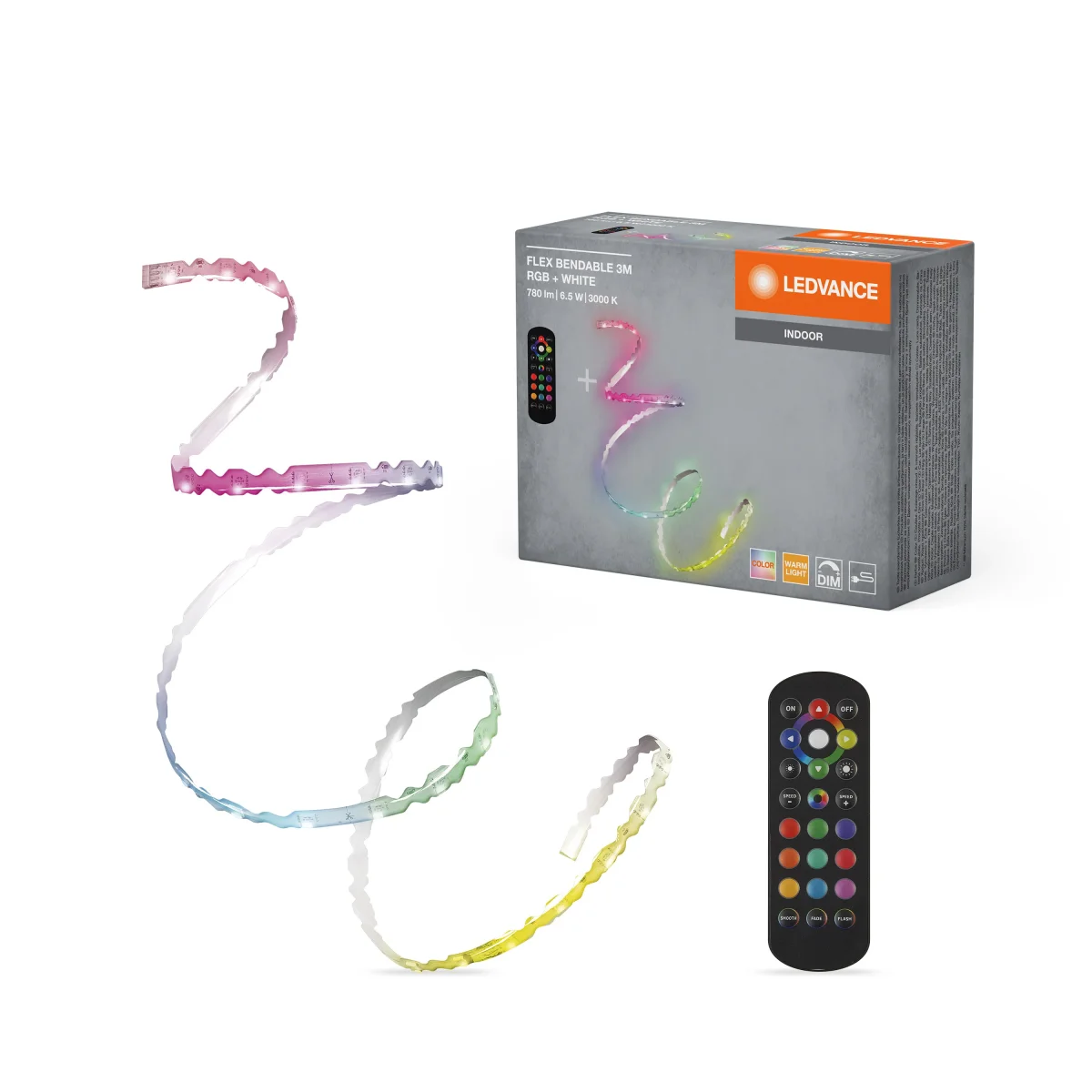 LEDVANCE Flex Bendable RGBW LED Streifen 3M, inkl. Fernbedienung, selbstklebend, dimmbar, mit Batterie und Montagezubehör – Bild 2