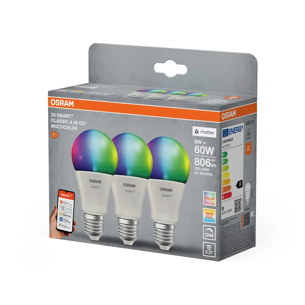 OSRAM SMART+ MATTER Classic shapes Multicolor in A-Form, LED-Lampe, Matt, 9 W, 806 lm, von 2700 bis 6500 K, Matter, Smartspeaker-Kompatibel, Dimmbar – Bild 4