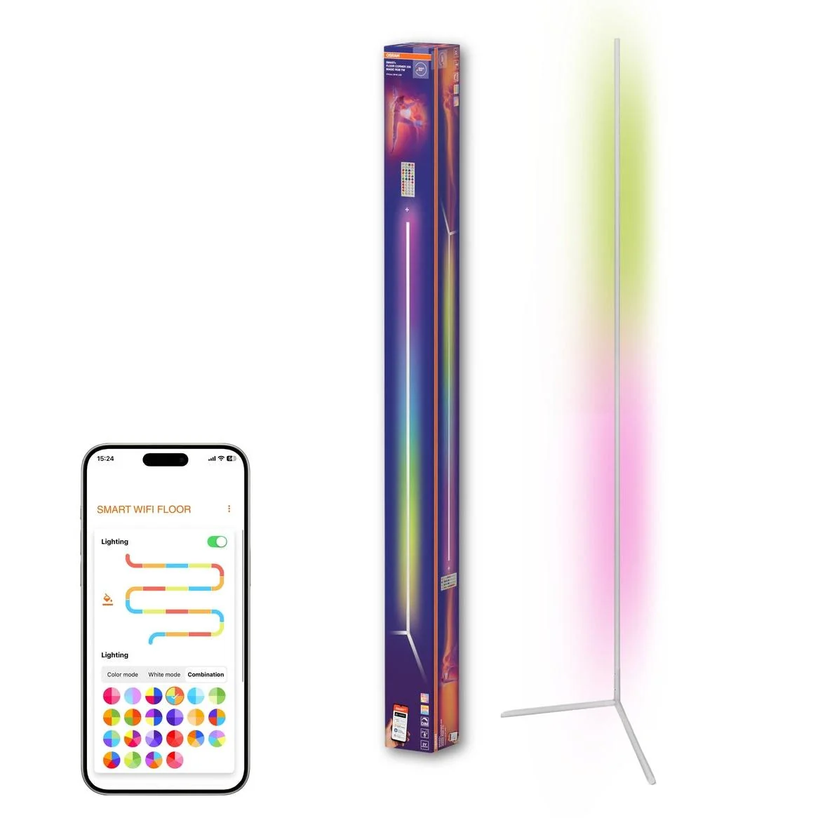 OSRAM Matter SMART+ Floor Corner Slim Stehlampe, mit Fernbedienung, Weiß, 2000 mm, RGB + Tunable White (TW) – Bild 6