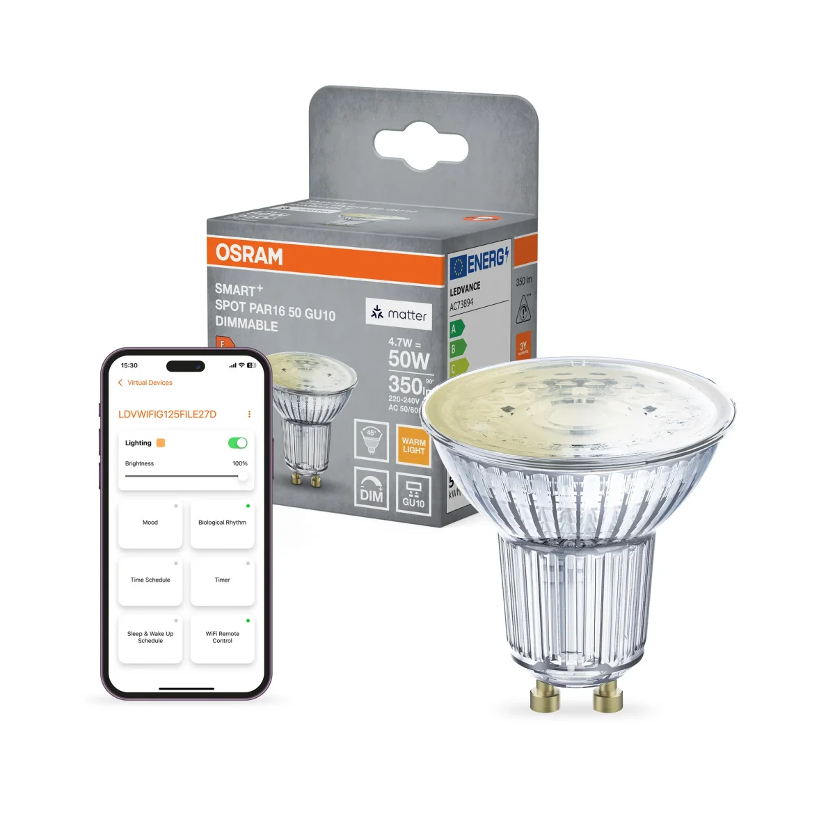 OSRAM SMART+ MATTER Spot Dimmable in PAR16-Form, LED-Spot, Glas, 4,7 W, 350 lm, 2700 K, Matter, Google Assistant, Amazon Alexa, Smartspeaker-Kompatibel, Dimmbar, CRI 80 – Bild 2