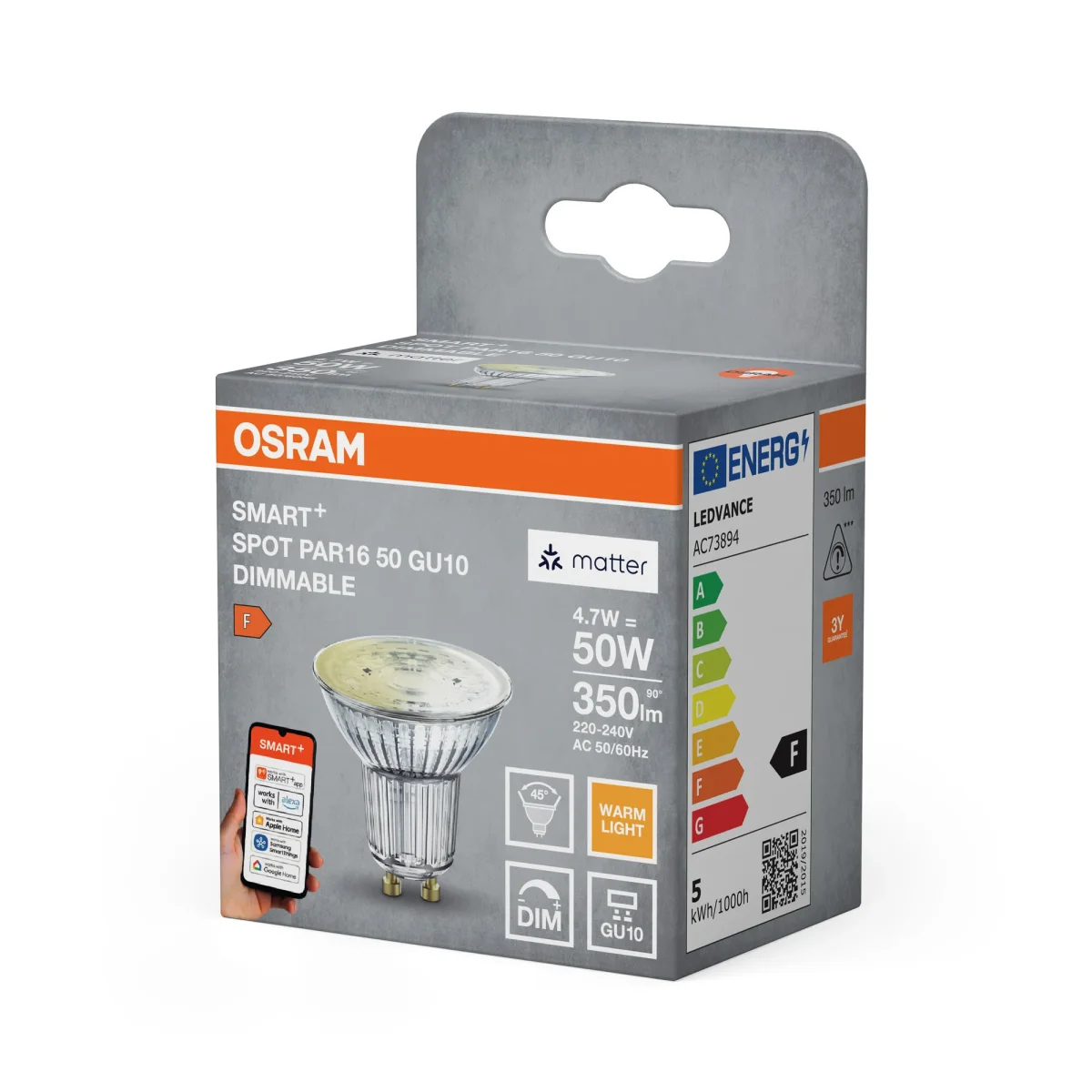 OSRAM SMART+ MATTER Spot Dimmable in PAR16-Form, LED-Spot, Glas, 4,7 W, 350 lm, 2700 K, Matter, Google Assistant, Amazon Alexa, Smartspeaker-Kompatibel, Dimmbar, CRI 80 – Bild 4