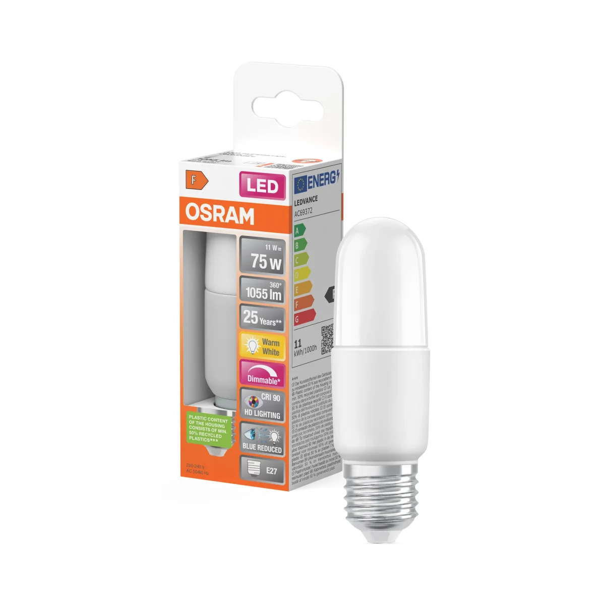 OSRAM LED SUPERSTAR PCR CLASSIC STICK DIM LAMP in Stick-Form, LED-Lampe, Matt, 11 W, (ex 75 W), 1000 lm, Warmweiß, 2700 K, Dimmbar, 15000 h, CRI 90 – Bild 2