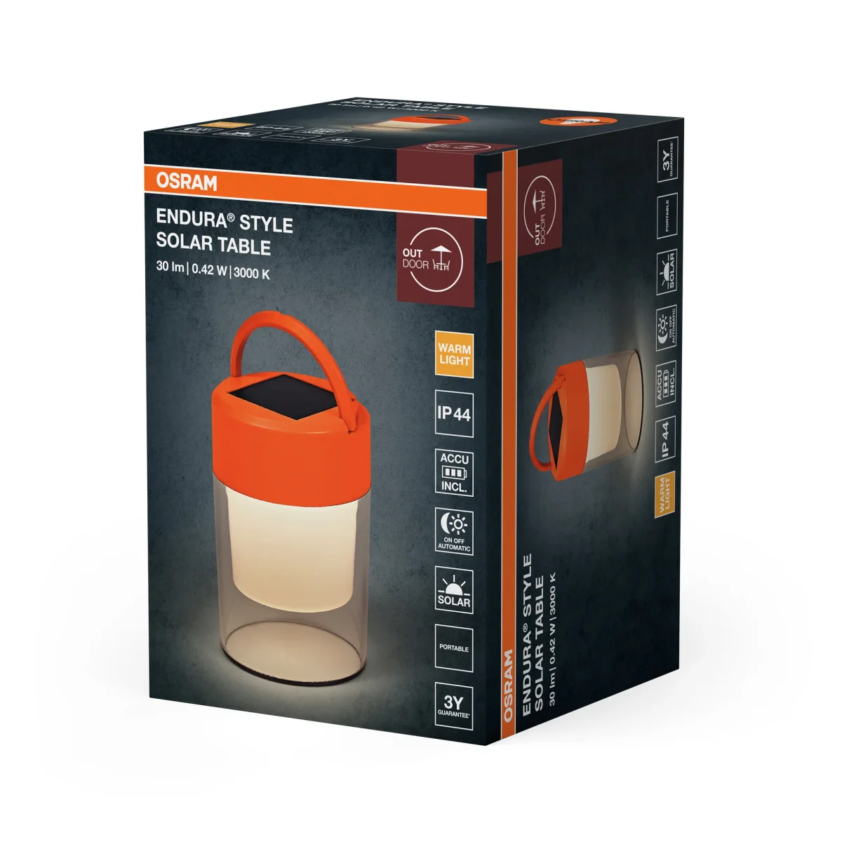ENDURA Style Solar Table Tischlampe, Orange, 3000 K, 20 lm, 170° Abstrahlwinkel, IP44, 3,7 V, 25000 h Lebensdauer, Lithium ion Akku, 199 mm Höhe – Bild 4