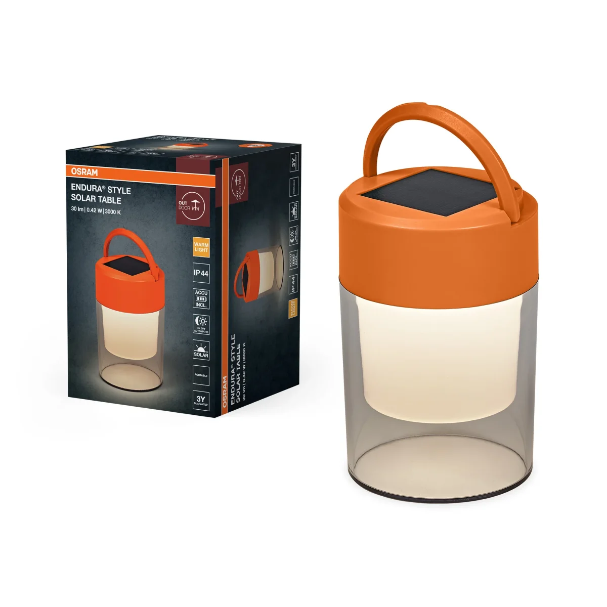 ENDURA Style Solar Table Tischlampe, Orange, 3000 K, 20 lm, 170° Abstrahlwinkel, IP44, 3,7 V, 25000 h Lebensdauer, Lithium ion Akku, 199 mm Höhe – Bild 2