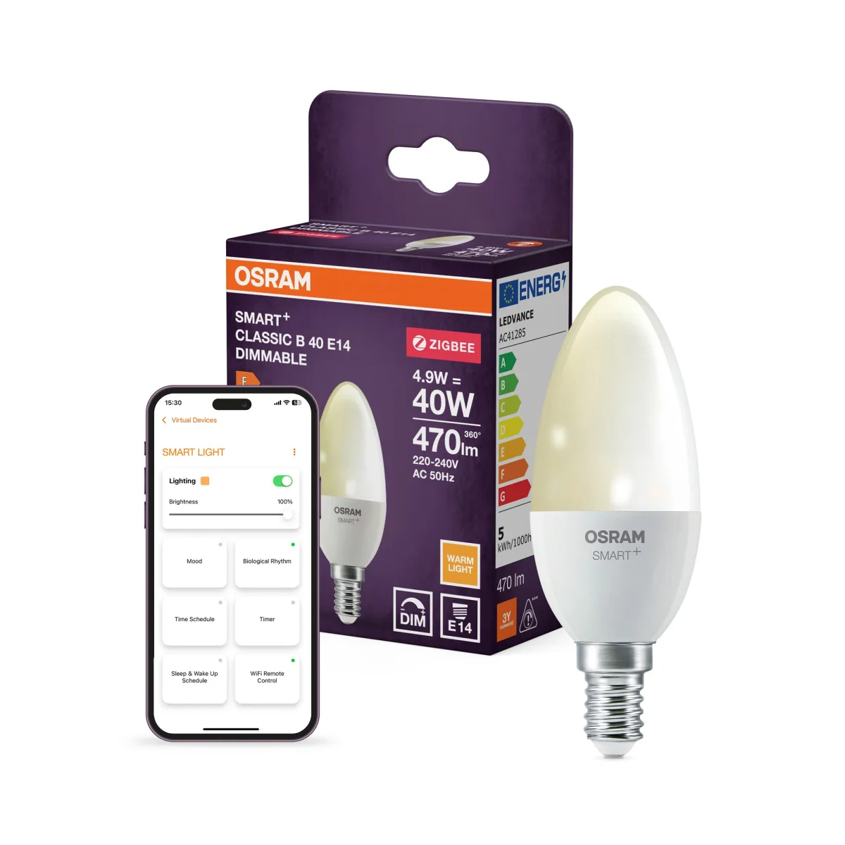 OSRAM SMART+ ZIGBEE Classic Dimmable in B-Form, LED-Lampe, Matt, 4,9 W, 470 lm, 2700 K, Wifi, Google Assistant, Amazon Alexa, Smartspeaker-Kompatibel, Dimmbar, CRI 80 – Bild 2