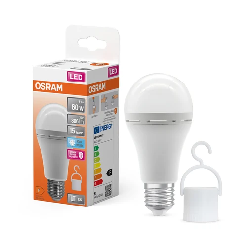 OSRAM LED Classic A 60 Camping Lampe / Notlicht mit integriertem wiederaufladbaren Akku (ex 60W) 8W Kaltweiß E27 – Bild 2